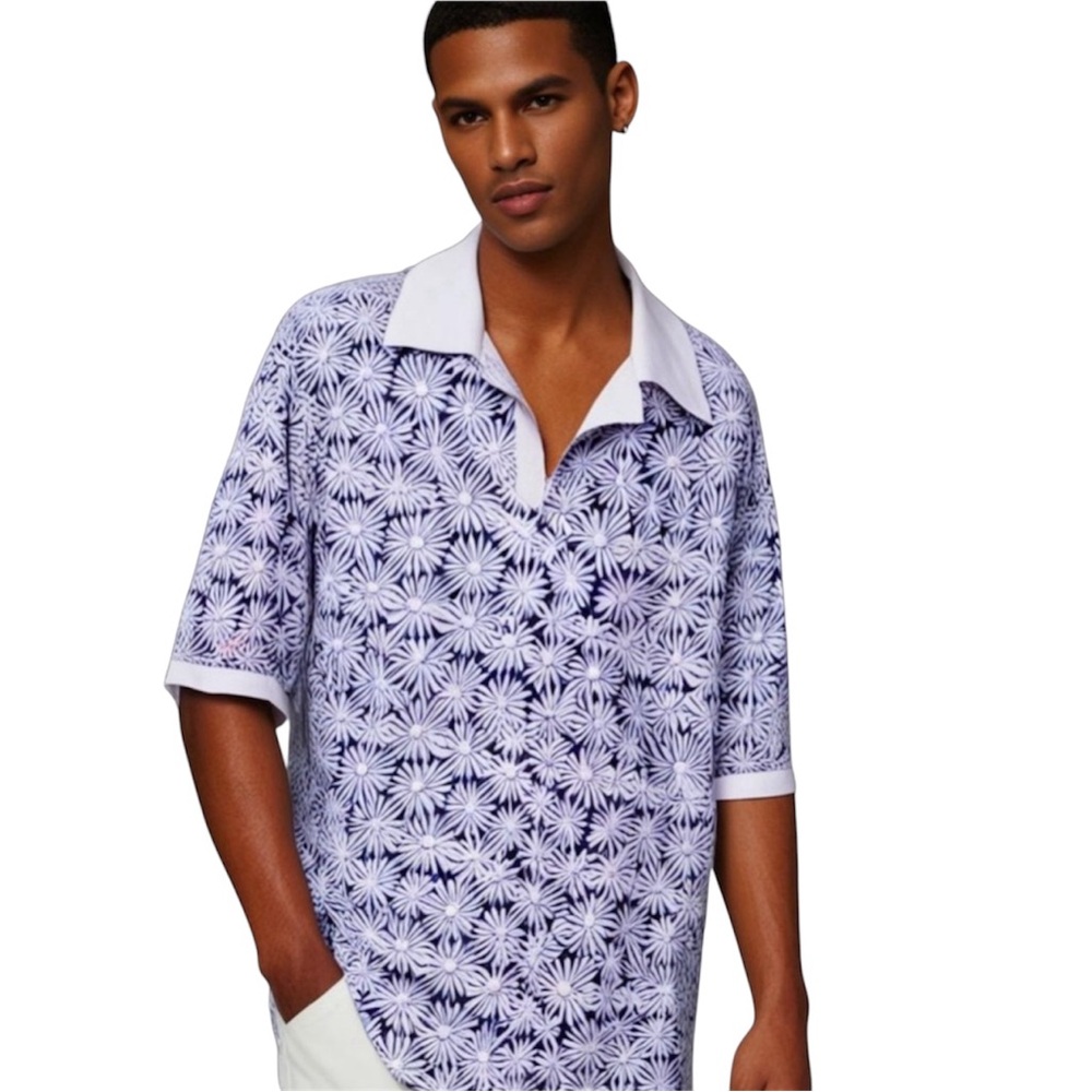 JCrew Floral Terry Cloth Short Sleeve Collared Polo Shirt Large All Over Print